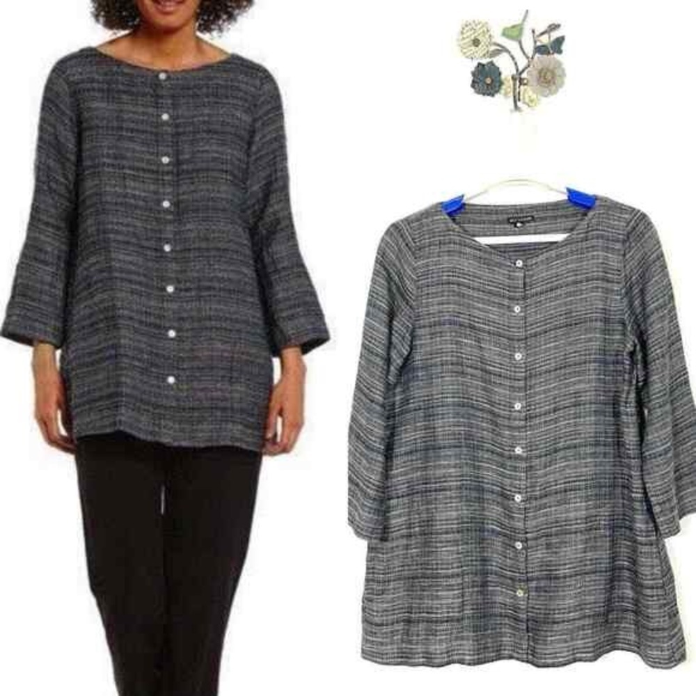 Eileen Fisher Black and Gray Button-Down Tunic Size Medium Organic Linen